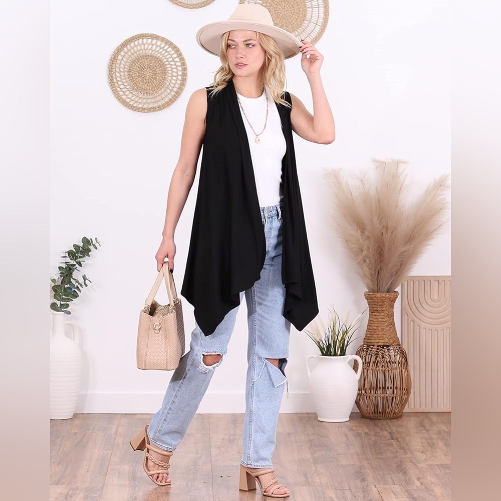 🆕 Black Vest Duster Cardigan Women’s 2X Boho Open Front Relaxed Long Flowy Plus